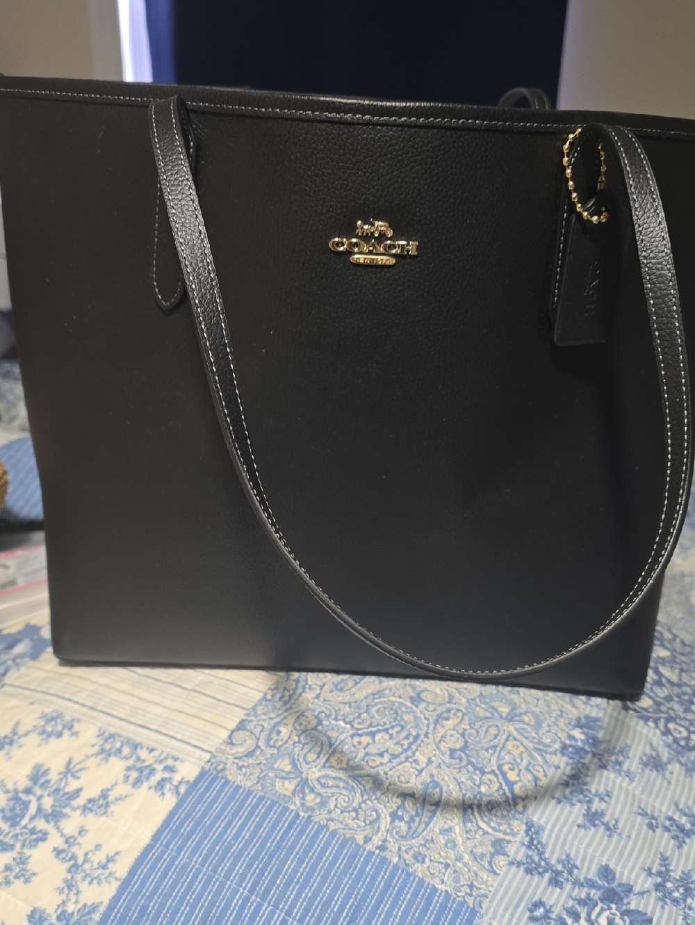 Coach Black Pebbled Leather Large City Tote with Gold Logo